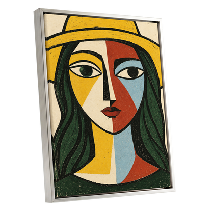 The Golden Gaze, yellow, green, black abstract wall art shown as a silver framed canvas wall art