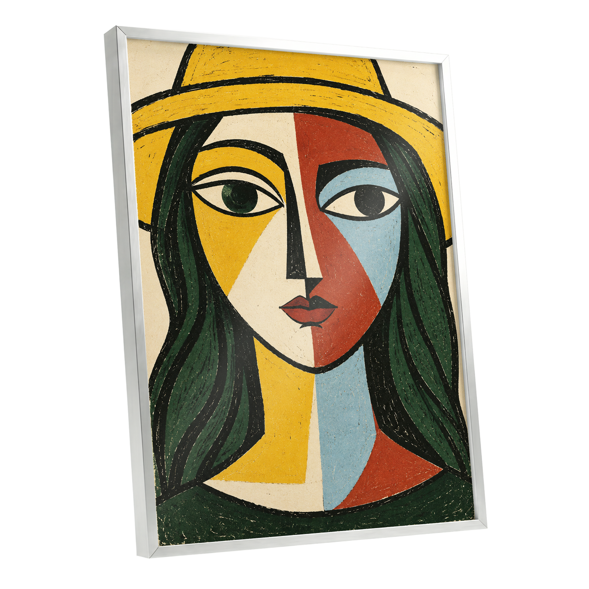 The Golden Gaze, yellow, green, black abstract wall art shown as a silver framed poster wall art print