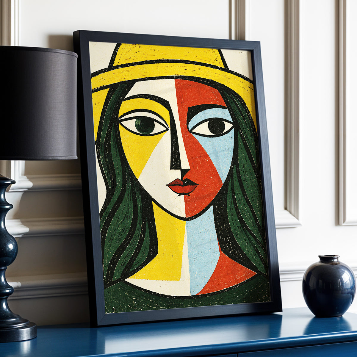 The Golden Gaze, yellow, green, black abstract wall art displayed in a styled interior, gallery view 2