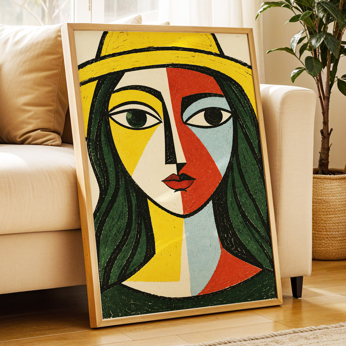 The Golden Gaze, yellow, green, black abstract wall art displayed in a styled interior, gallery view 3