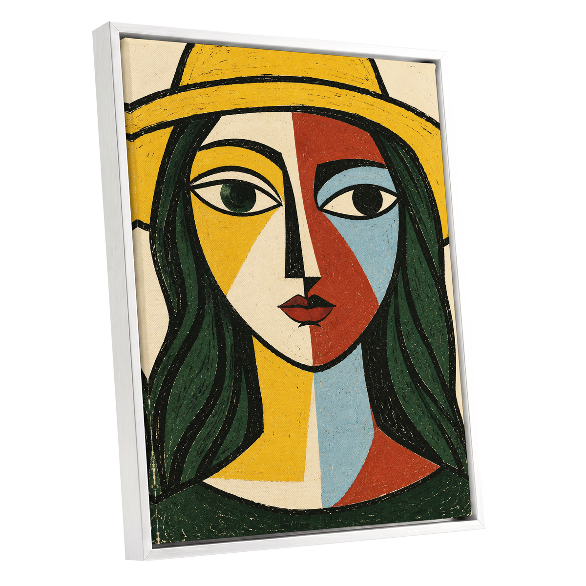 The Golden Gaze, yellow, green, black abstract wall art shown as a white framed canvas wall art
