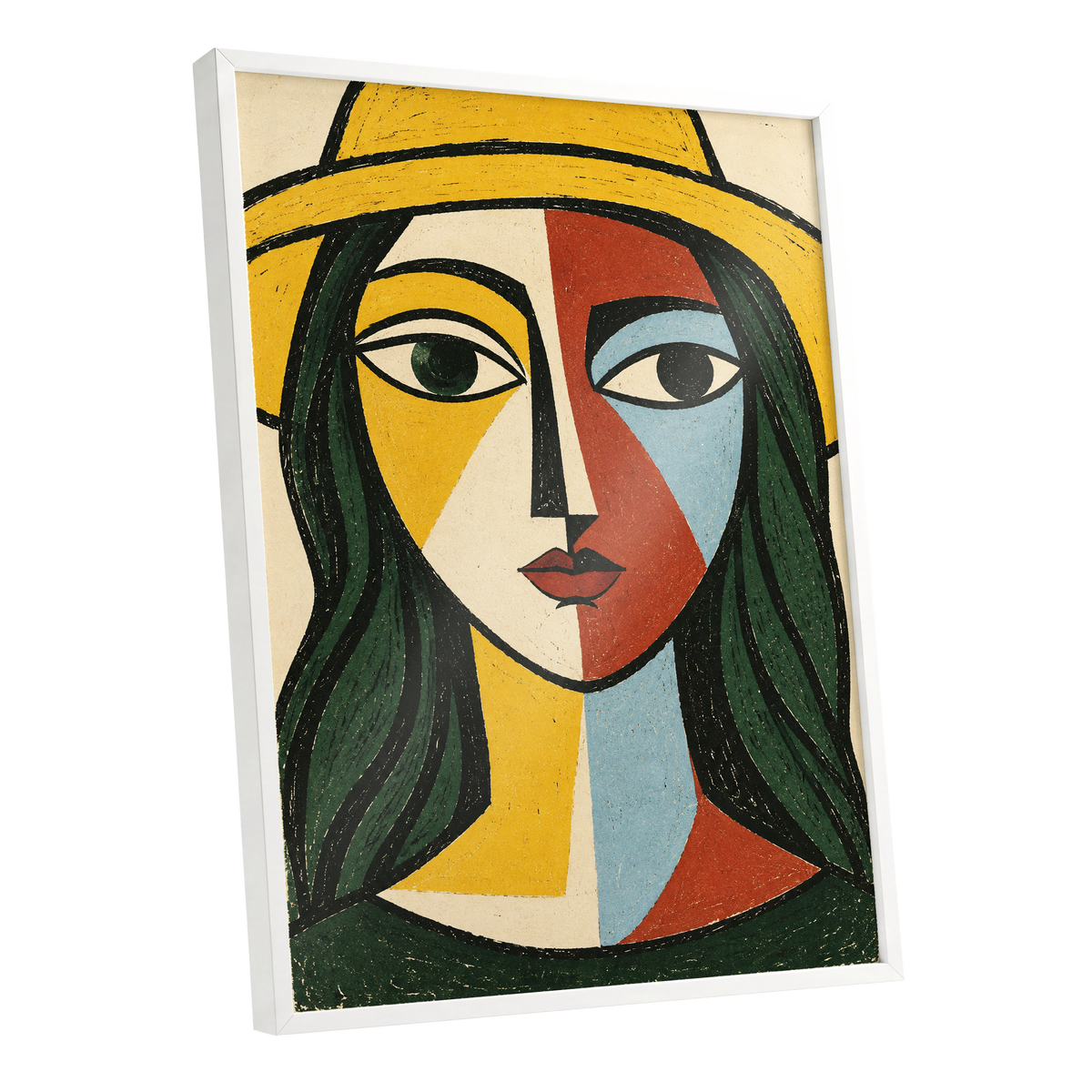 The Golden Gaze, yellow, green, black abstract wall art shown as a white framed poster wall art print