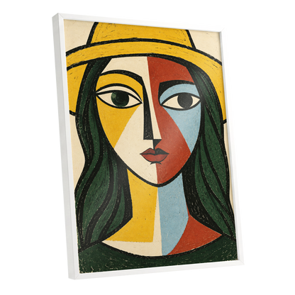 The Golden Gaze, yellow, green, black abstract wall art shown as a white framed poster wall art print