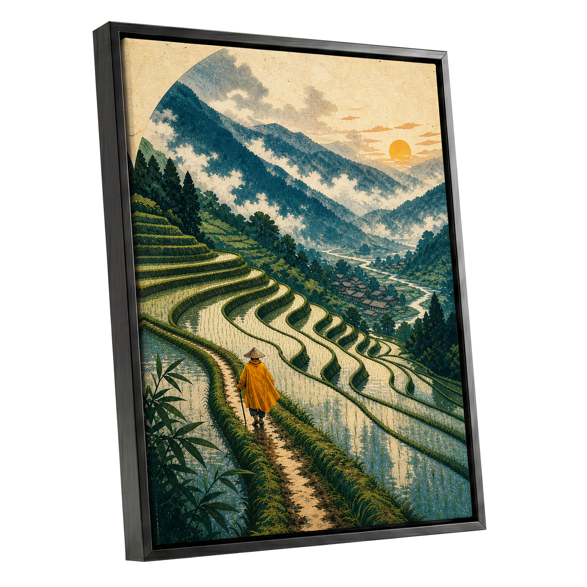 The Golden Terrace Path, green, blue, beige nature wall art shown as a black framed canvas wall art