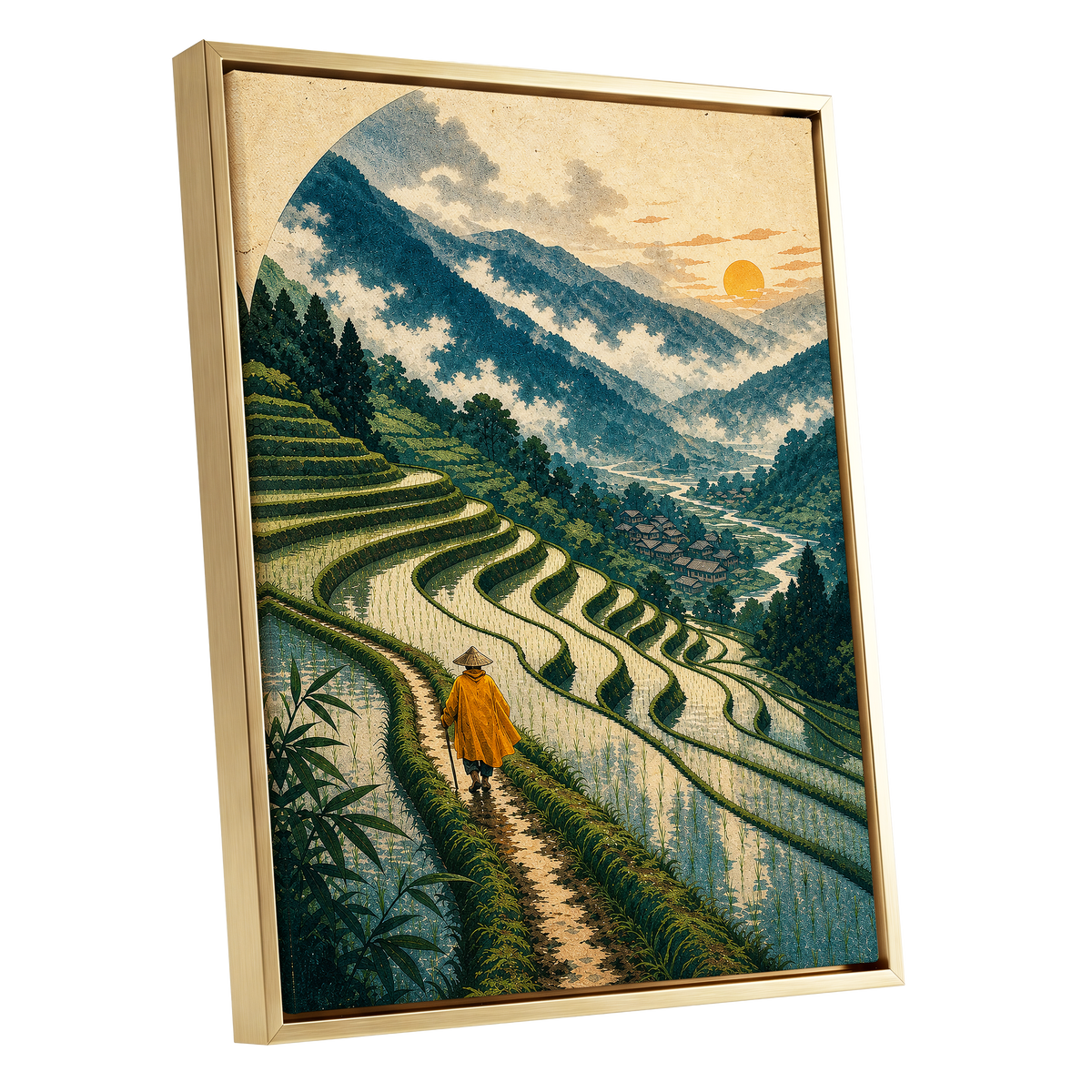 The Golden Terrace Path, green, blue, beige nature wall art shown as a gold framed canvas wall art