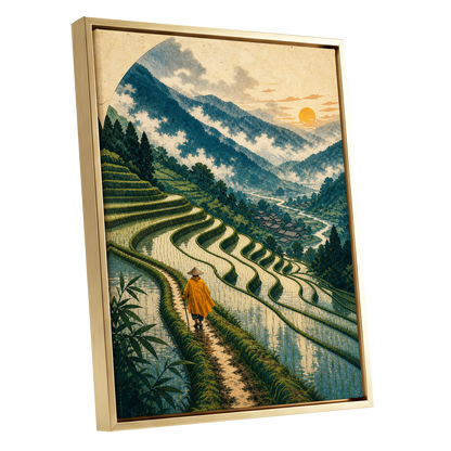 The Golden Terrace Path, green, blue, beige nature wall art shown as a gold framed canvas wall art