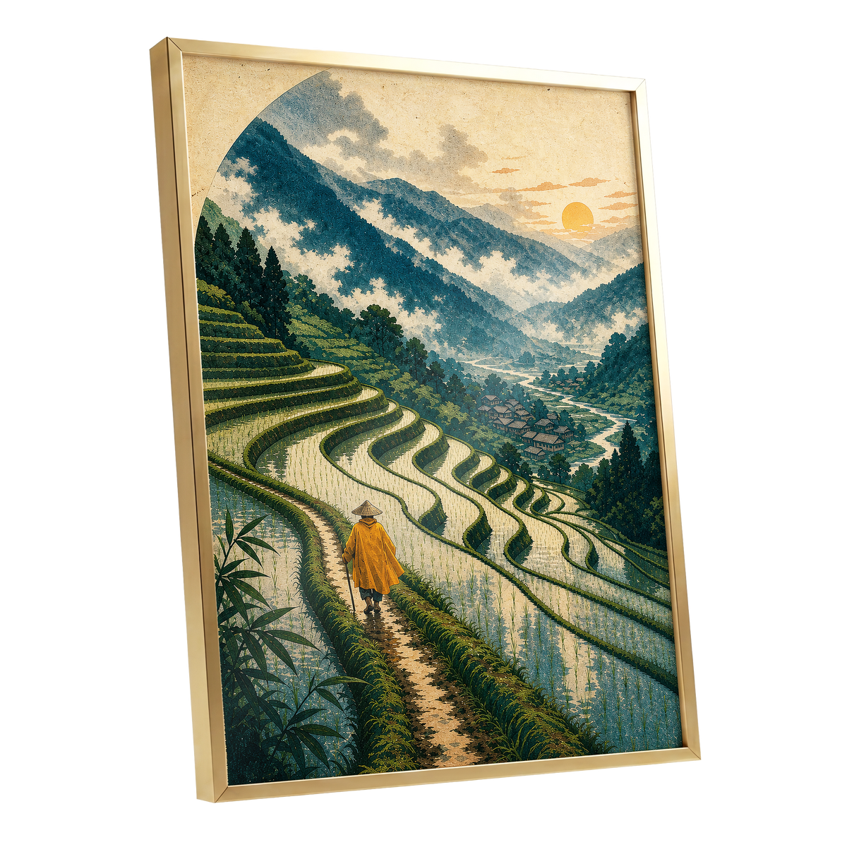 The Golden Terrace Path, green, blue, beige nature wall art shown as a gold framed poster wall art print