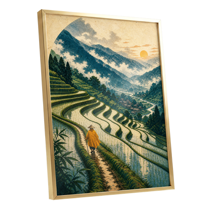 The Golden Terrace Path, green, blue, beige nature wall art shown as a gold framed poster wall art print