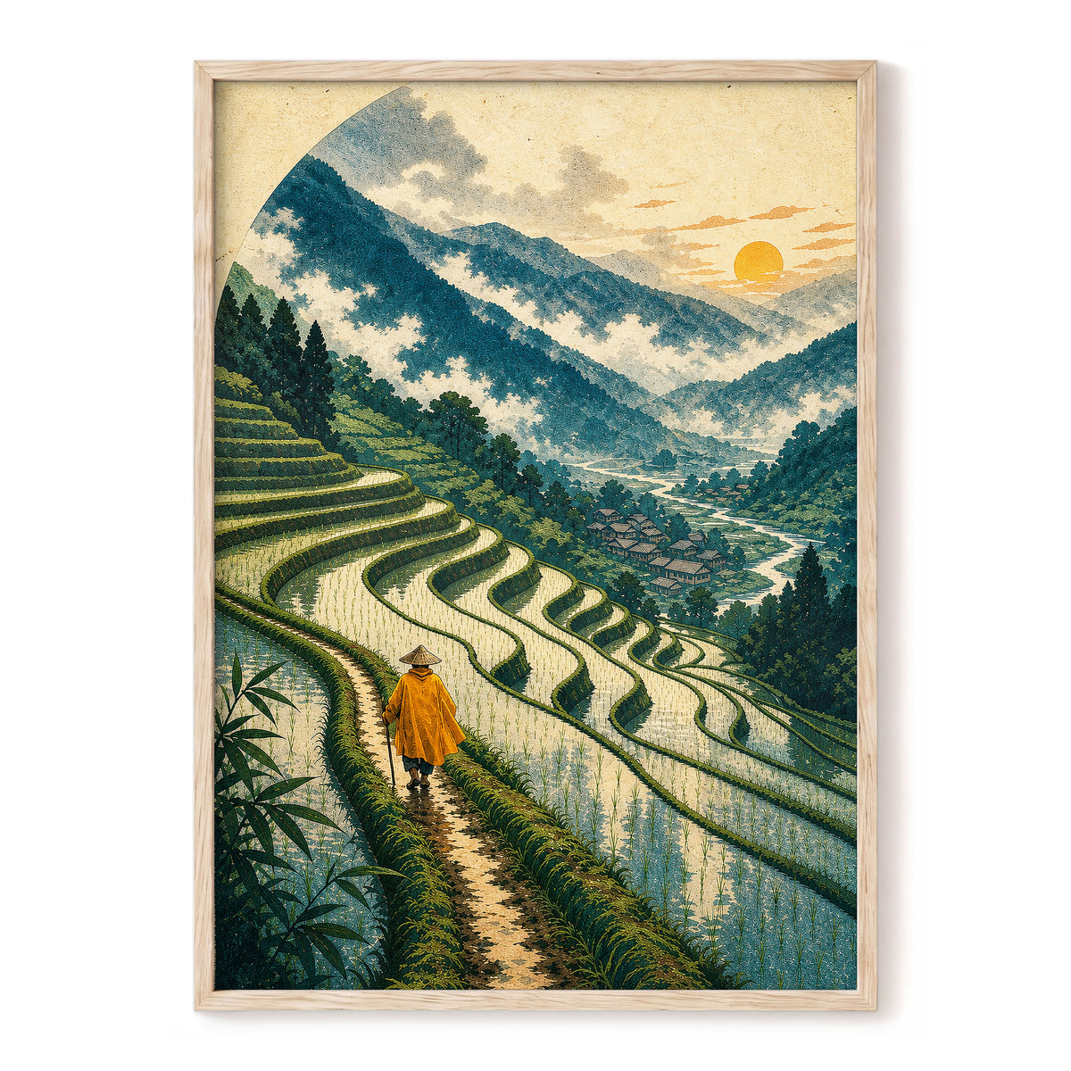 The Golden Terrace Path, green, blue, beige nature wall art, front artwork view