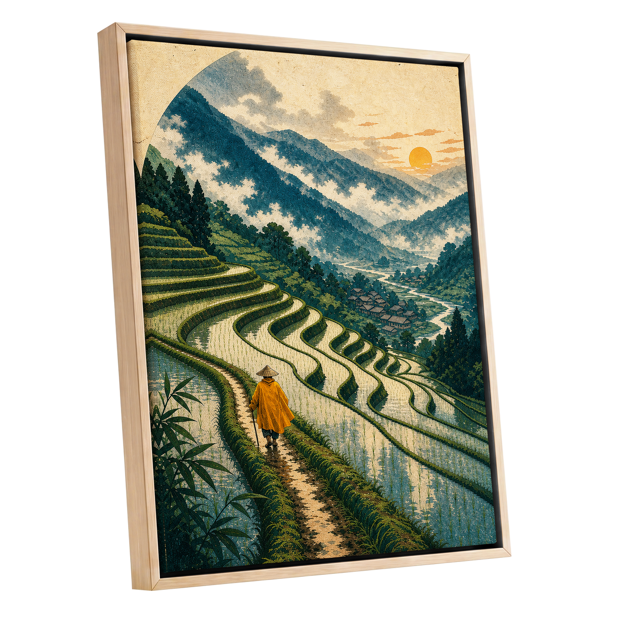 The Golden Terrace Path, green, blue, beige nature wall art shown as a oak framed canvas wall art