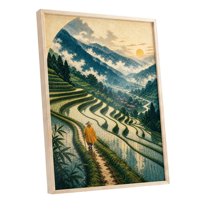 The Golden Terrace Path, green, blue, beige nature wall art shown as a oak framed poster wall art print