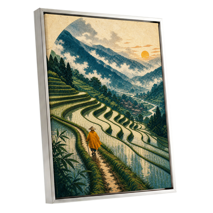 The Golden Terrace Path, green, blue, beige nature wall art shown as a silver framed canvas wall art