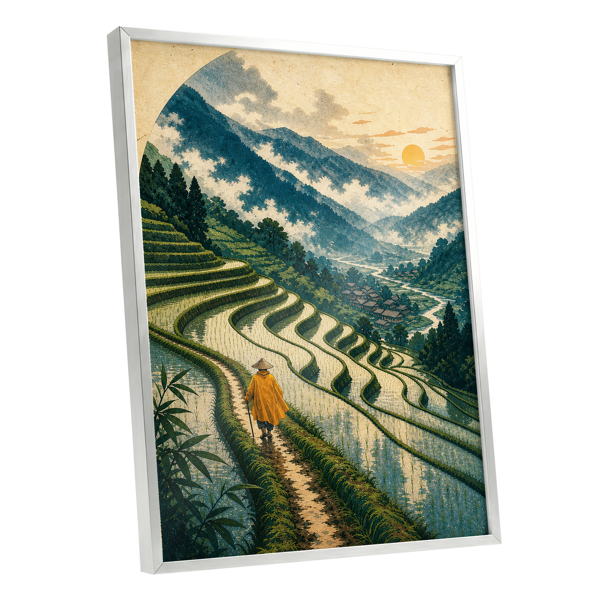 The Golden Terrace Path, green, blue, beige nature wall art shown as a silver framed poster wall art print