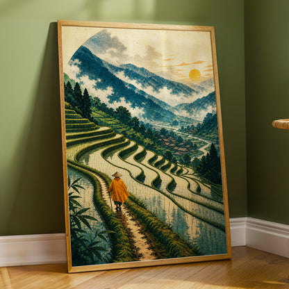 The Golden Terrace Path, green, blue, beige nature wall art displayed in a styled interior, gallery view 2