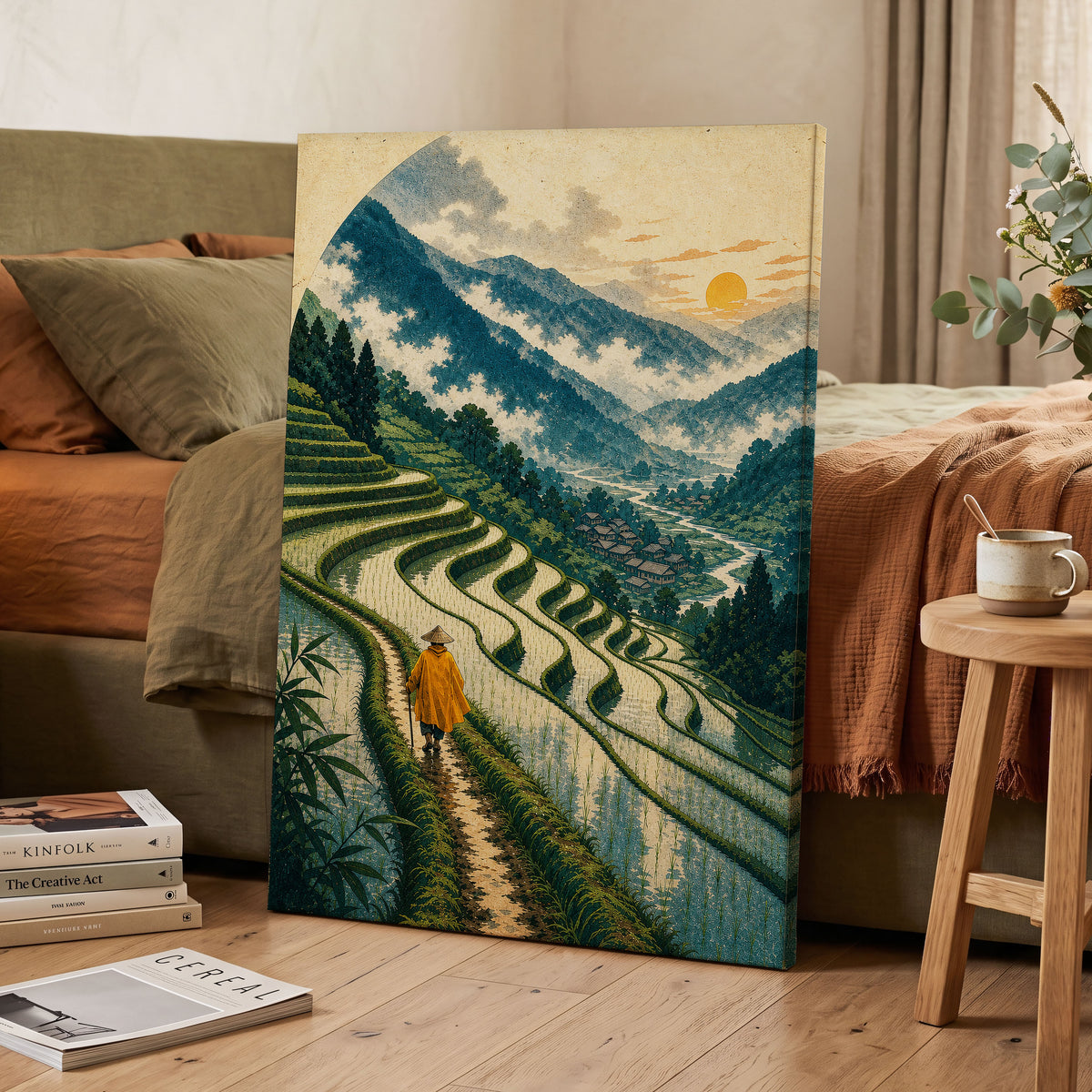 The Golden Terrace Path, green, blue, beige nature wall art displayed in a styled interior, gallery view 3
