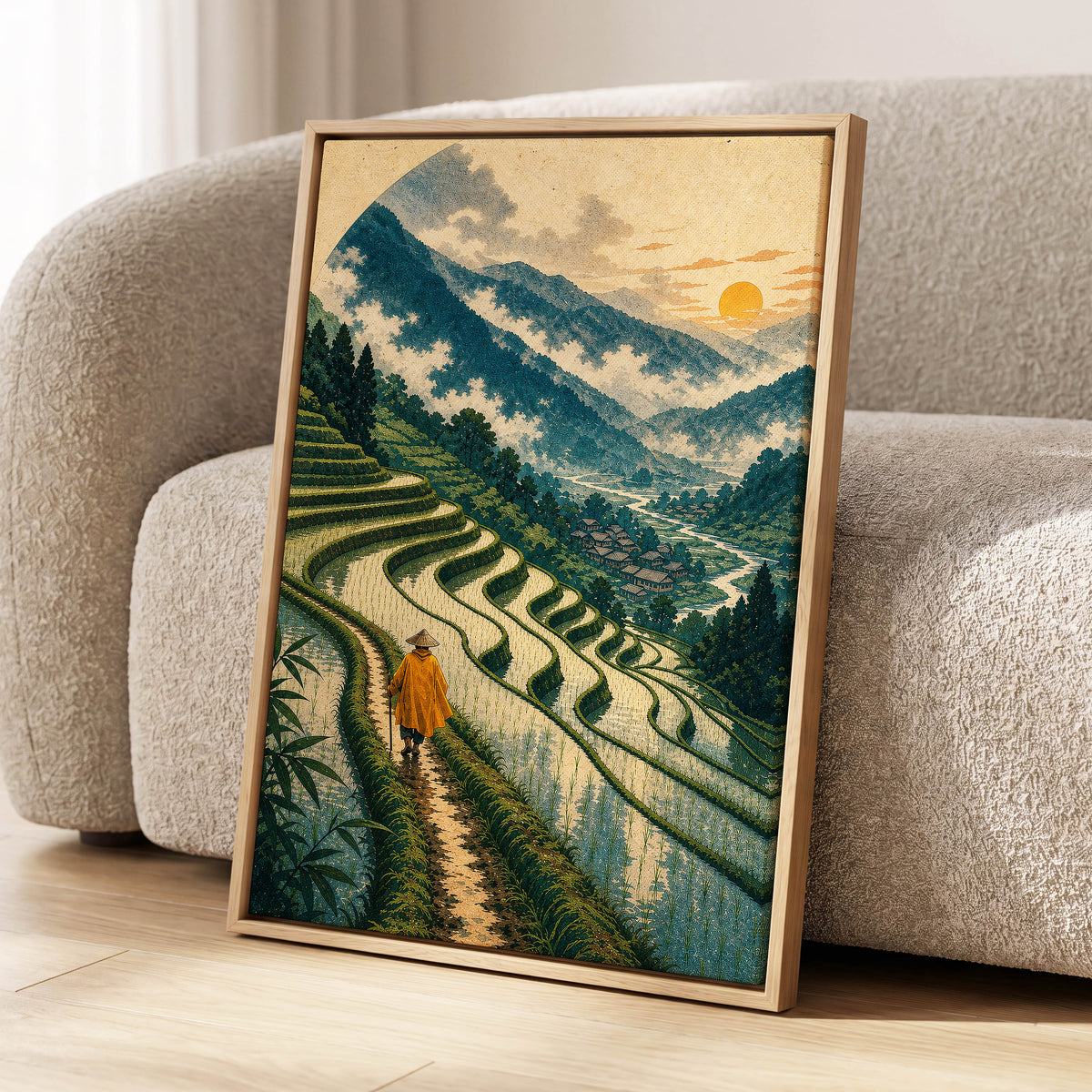The Golden Terrace Path, green, blue, beige nature wall art displayed in a styled interior, gallery view 8