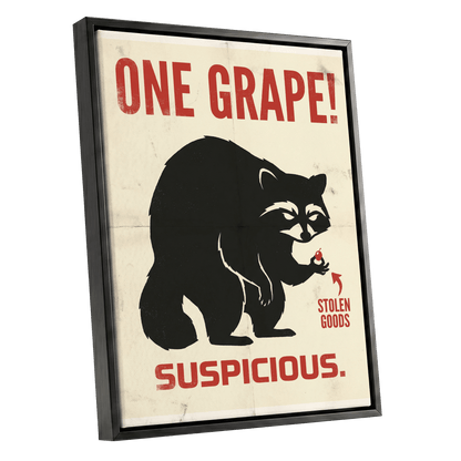 The Grape Suspect, black, beige, red nature wall art shown as a black framed canvas wall art
