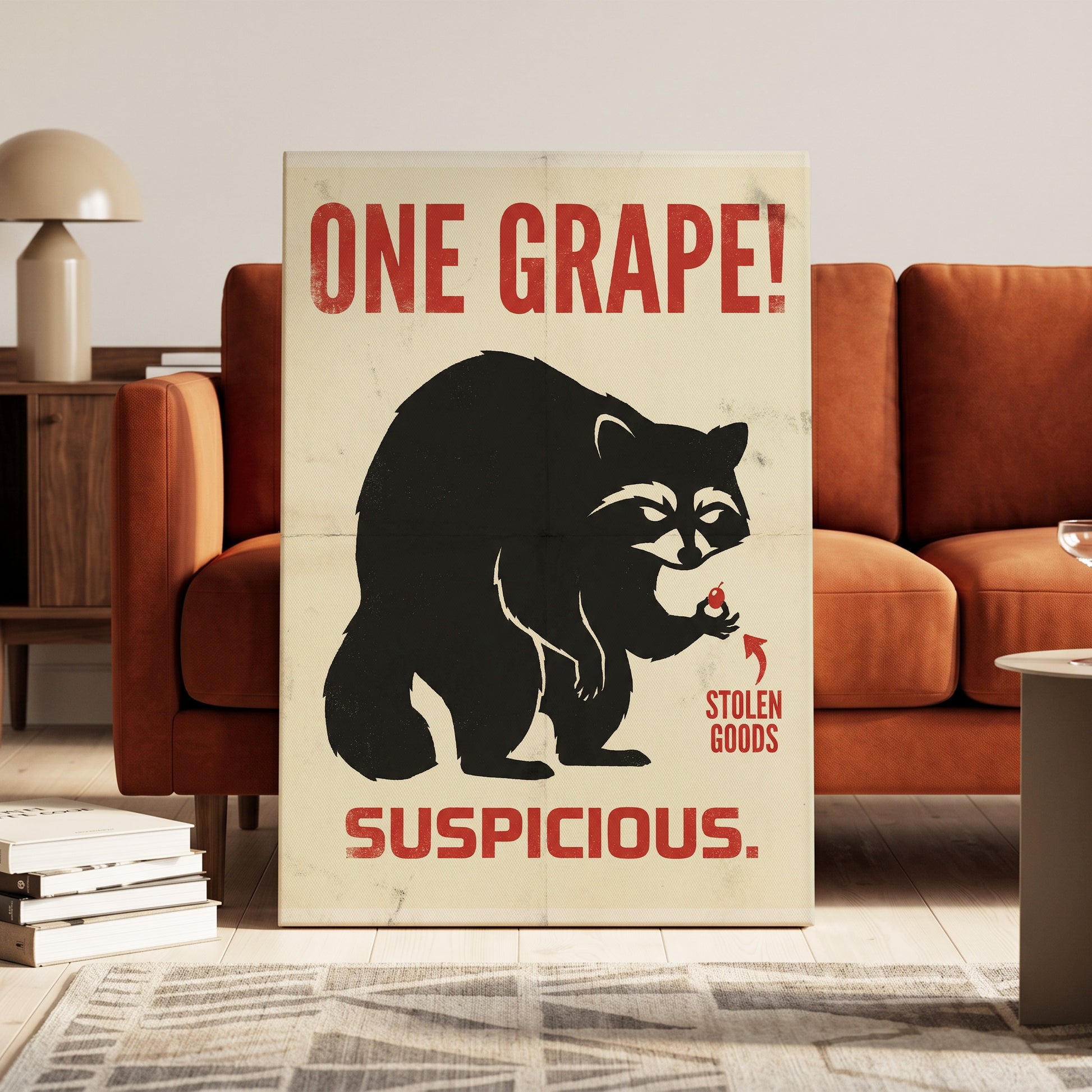 The Grape Suspect, black, beige, red nature wall art on canvas displayed in a styled interior, gallery view 1