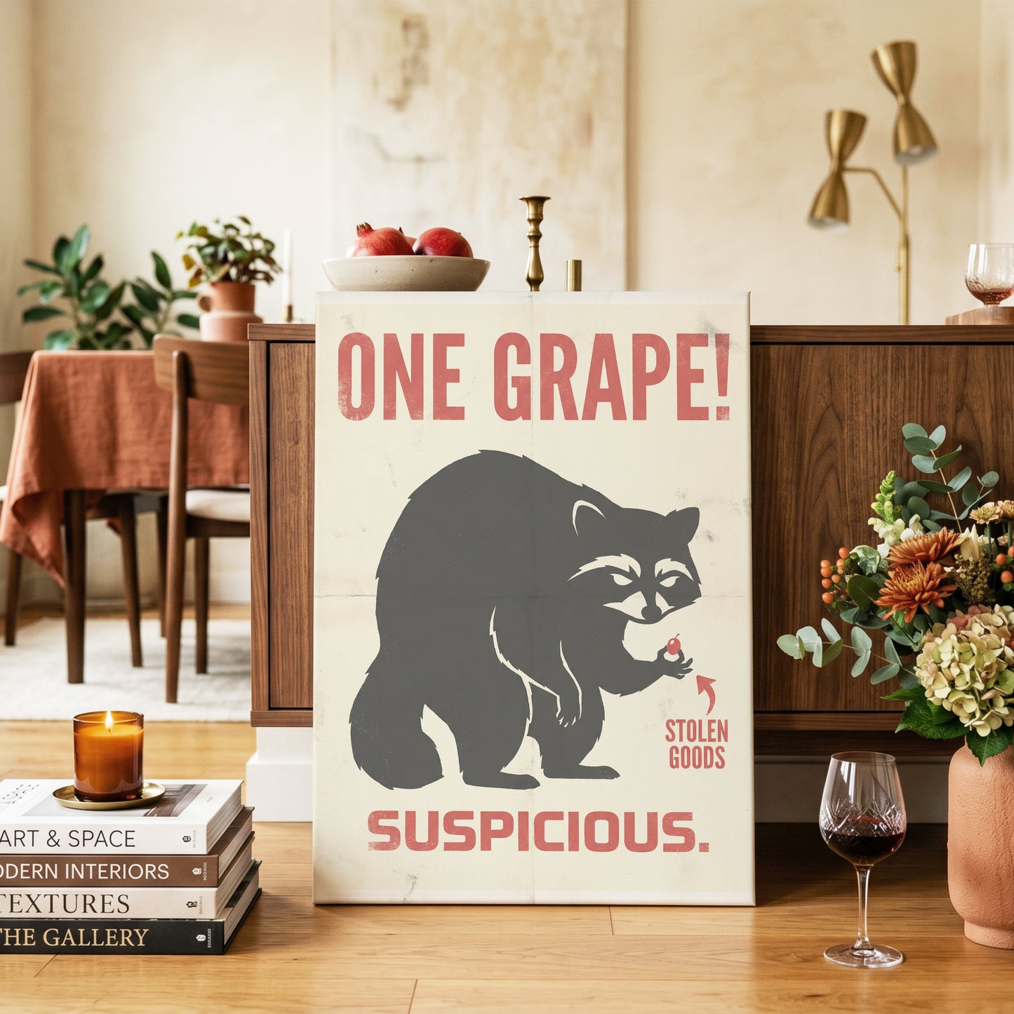 The Grape Suspect, black, beige, red nature wall art on canvas displayed in a styled interior, gallery view 2