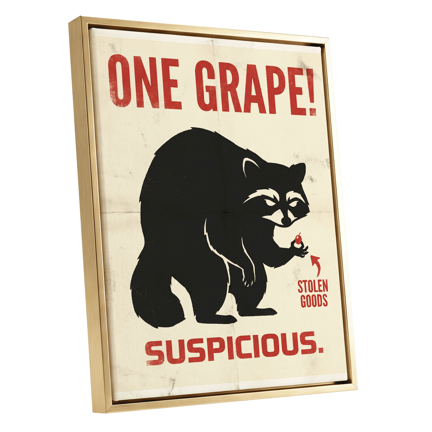 The Grape Suspect, black, beige, red nature wall art shown as a gold framed canvas wall art