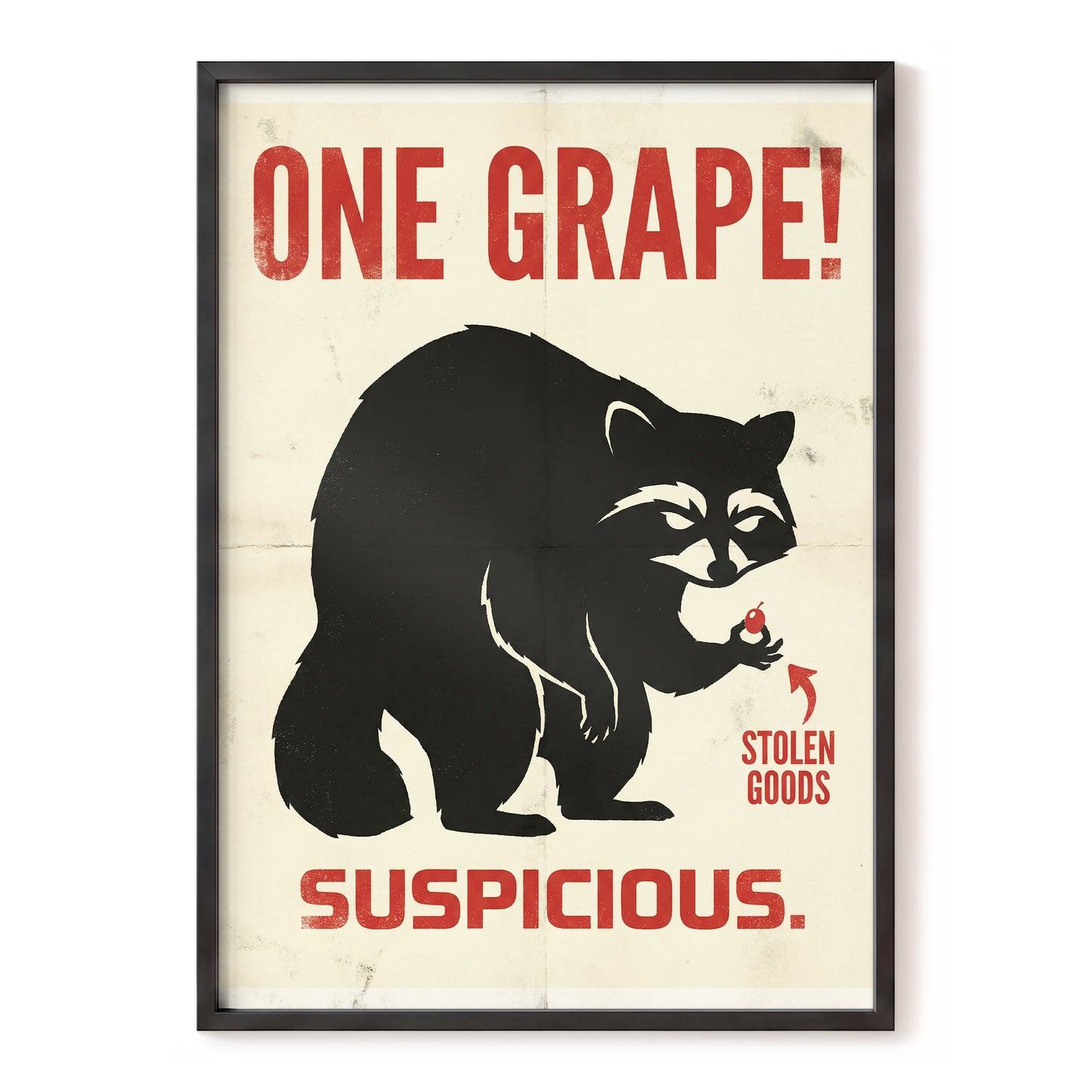 The Grape Suspect, black, beige, red nature wall art, front artwork view