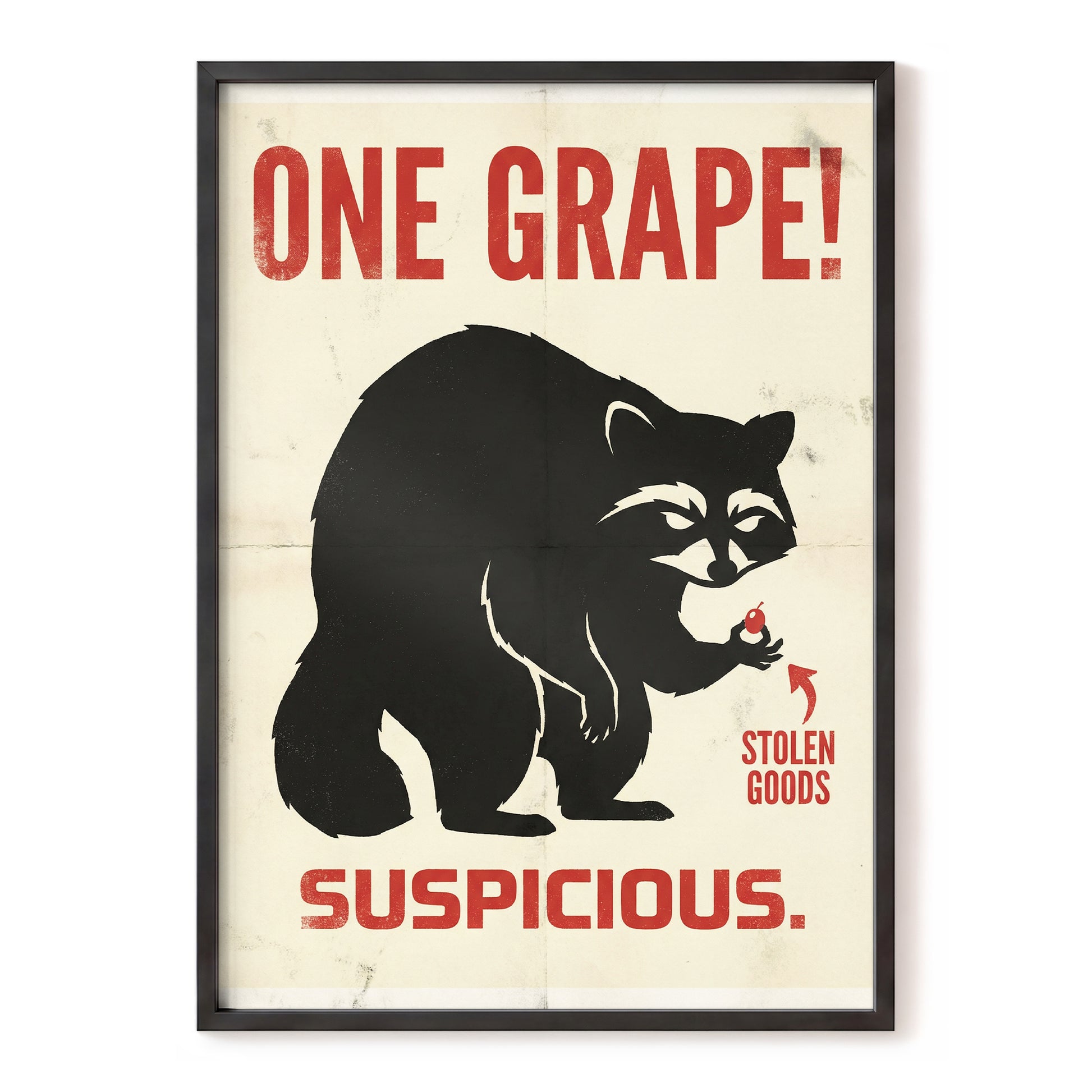 The Grape Suspect, black, beige, red nature wall art, front artwork view