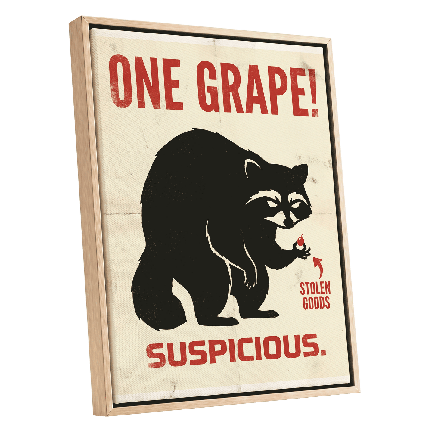The Grape Suspect, black, beige, red nature wall art shown as a oak framed canvas wall art
