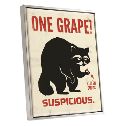 The Grape Suspect, black, beige, red nature wall art shown as a silver framed canvas wall art