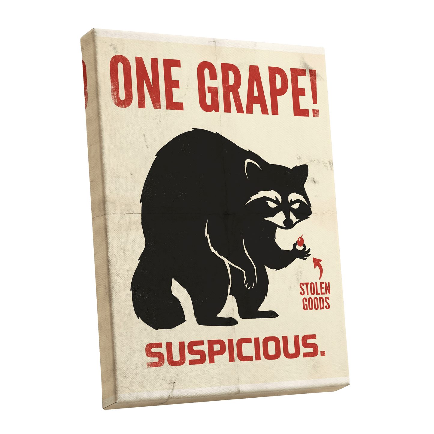 The Grape Suspect, black, beige, red nature wall art shown as a stretched canvas wall art