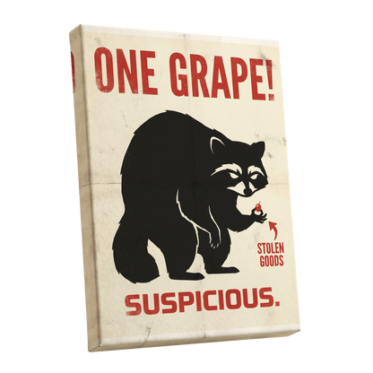 The Grape Suspect, black, beige, red nature wall art shown as a stretched canvas wall art