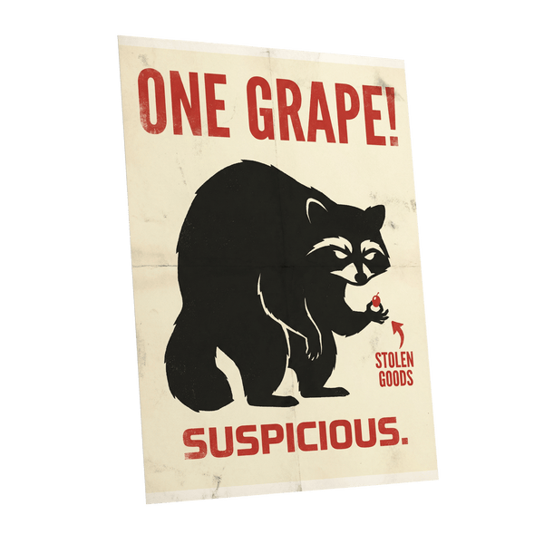 The Grape Suspect, black, beige, red nature wall art shown as a unframed poster wall art print