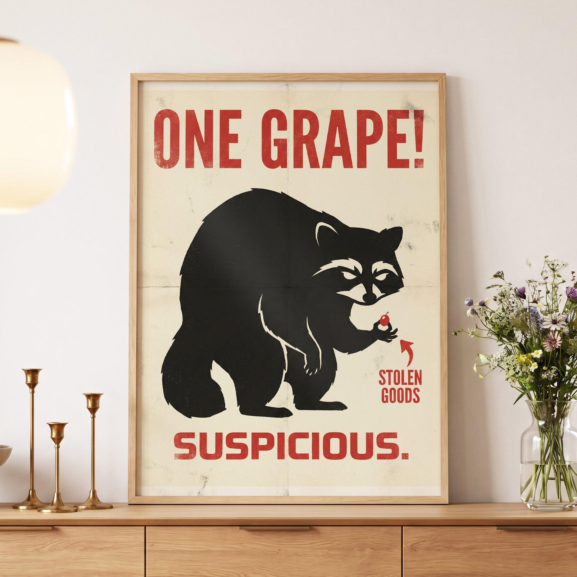 The Grape Suspect, black, beige, red nature wall art displayed in a styled interior, gallery view 5