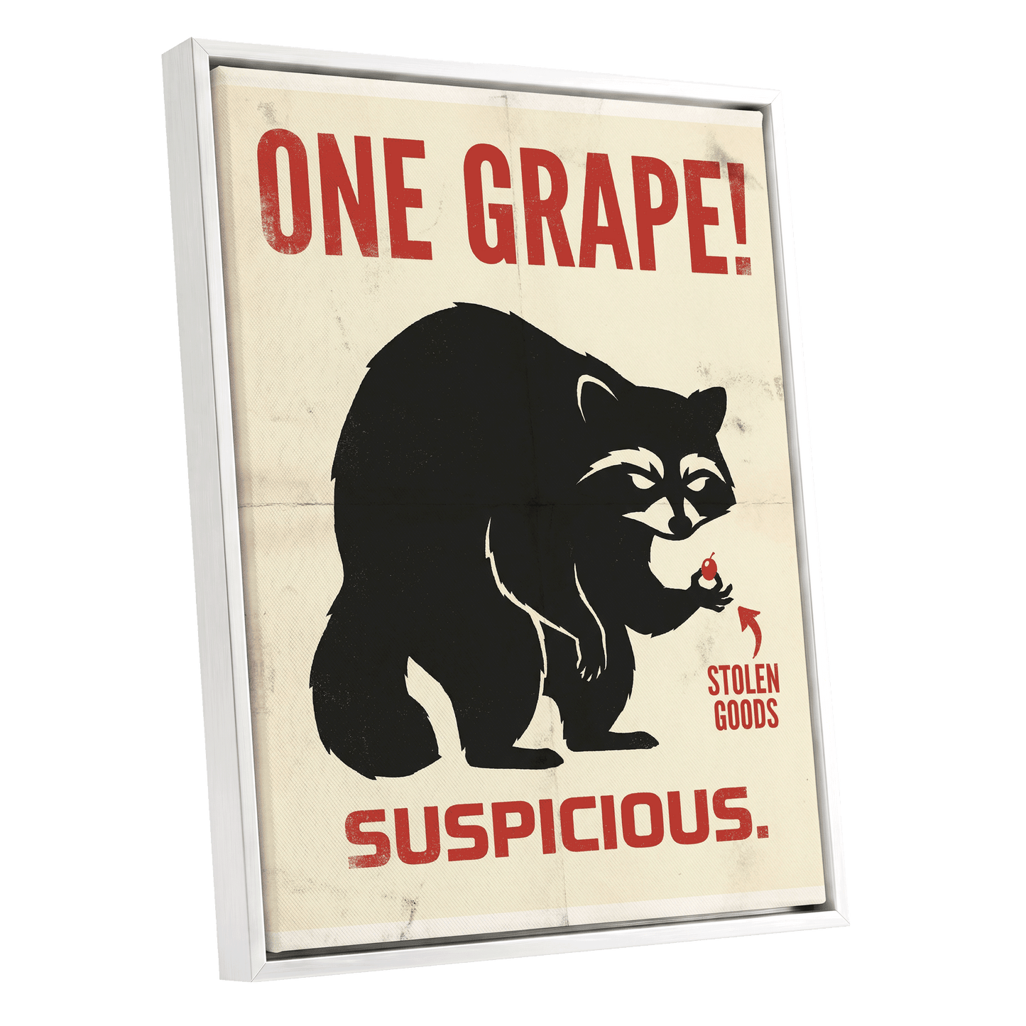 The Grape Suspect, black, beige, red nature wall art shown as a white framed canvas wall art