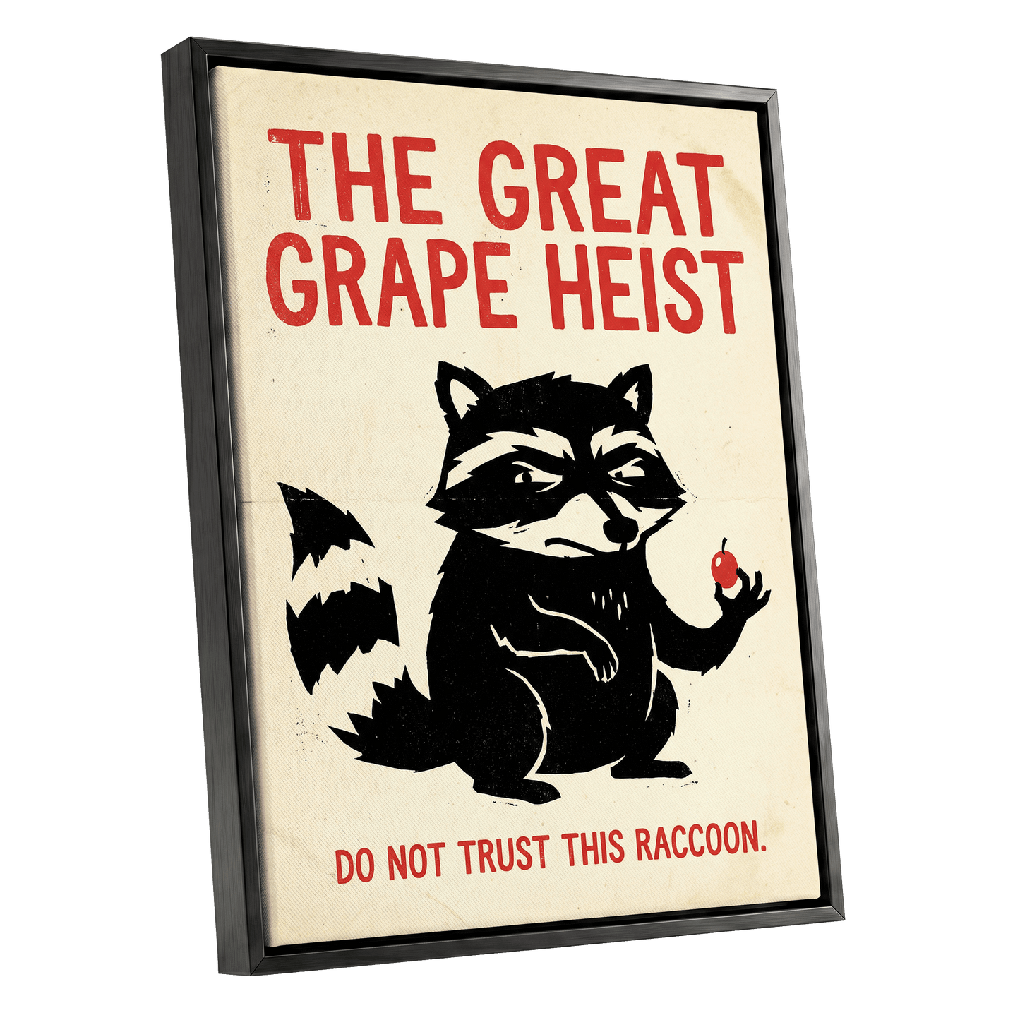 The Great Grape Heist, black, beige, red nature wall art shown as a black framed canvas wall art