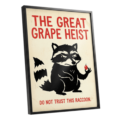 The Great Grape Heist, black, beige, red nature wall art shown as a black framed poster wall art print