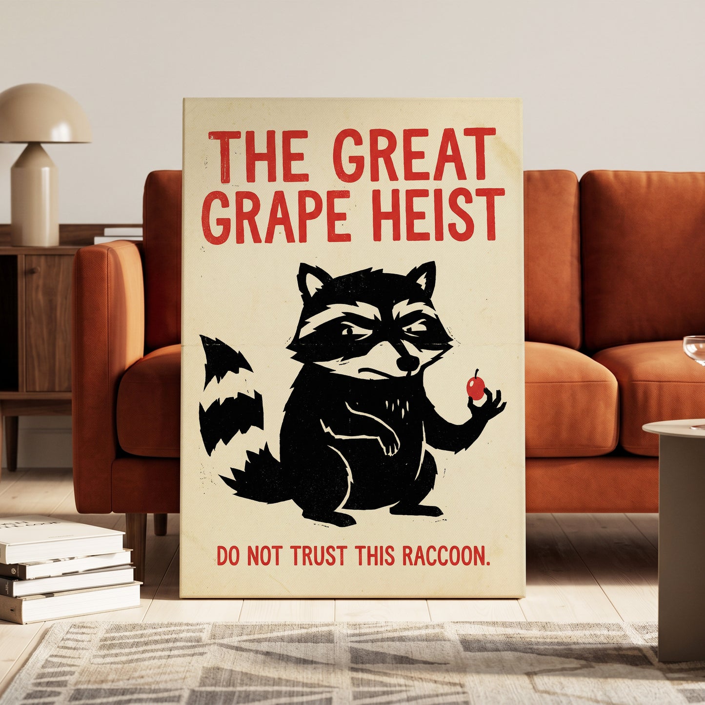 The Great Grape Heist, black, beige, red nature wall art on canvas displayed in a styled interior, gallery view 1