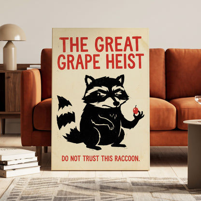 The Great Grape Heist, black, beige, red nature wall art on canvas displayed in a styled interior, gallery view 1