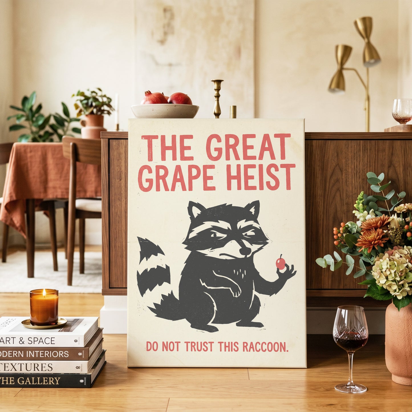 The Great Grape Heist, black, beige, red nature wall art on canvas displayed in a styled interior, gallery view 2