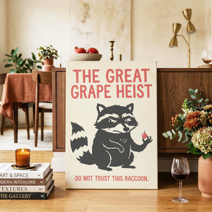 The Great Grape Heist, black, beige, red nature wall art on canvas displayed in a styled interior, gallery view 2