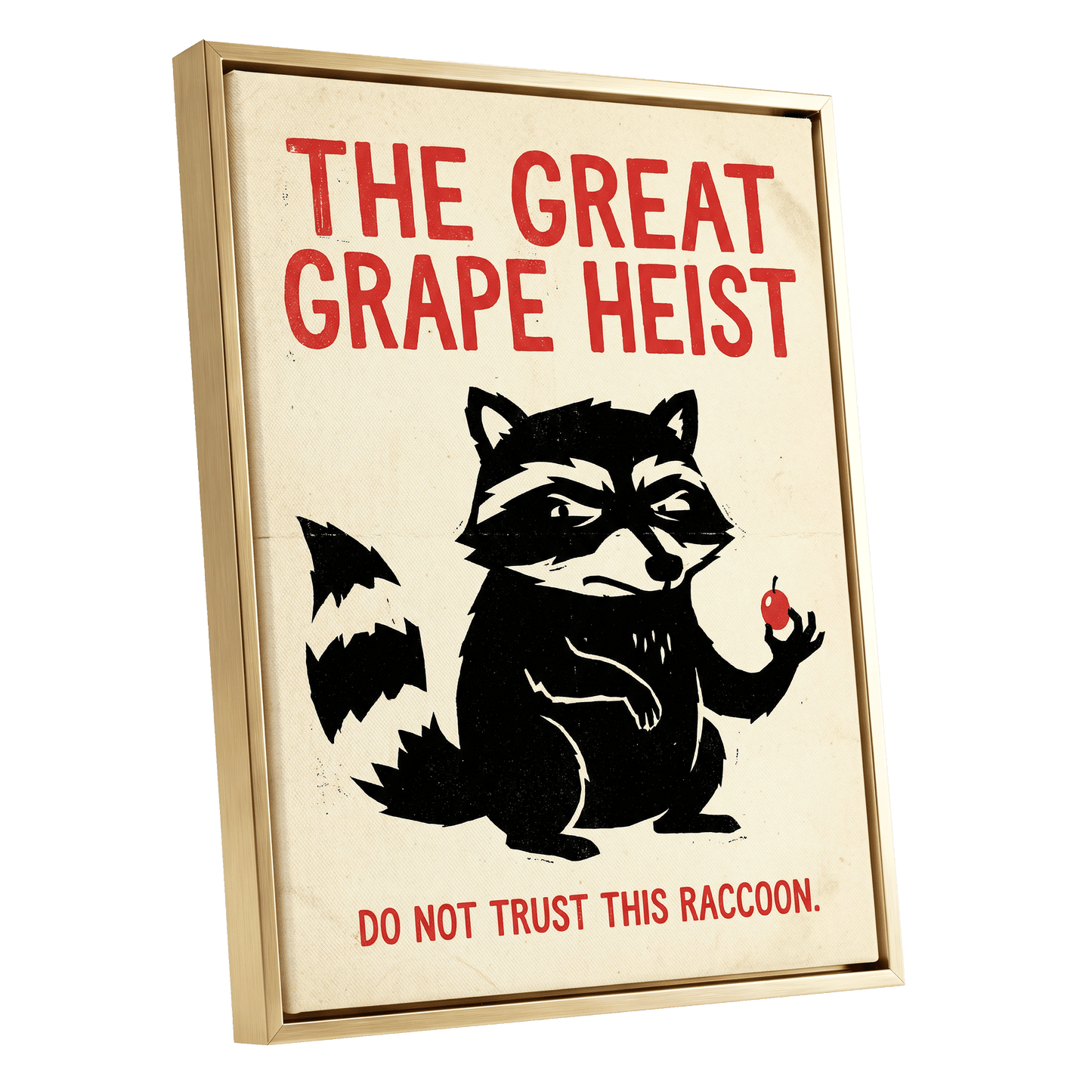 The Great Grape Heist, black, beige, red nature wall art shown as a gold framed canvas wall art