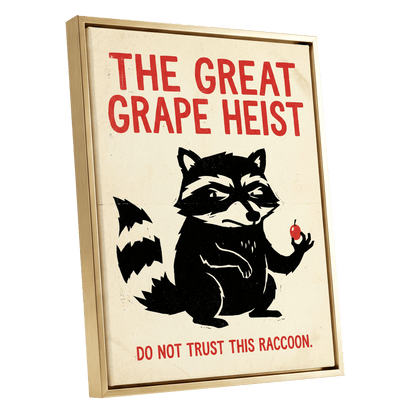 The Great Grape Heist, black, beige, red nature wall art shown as a gold framed canvas wall art