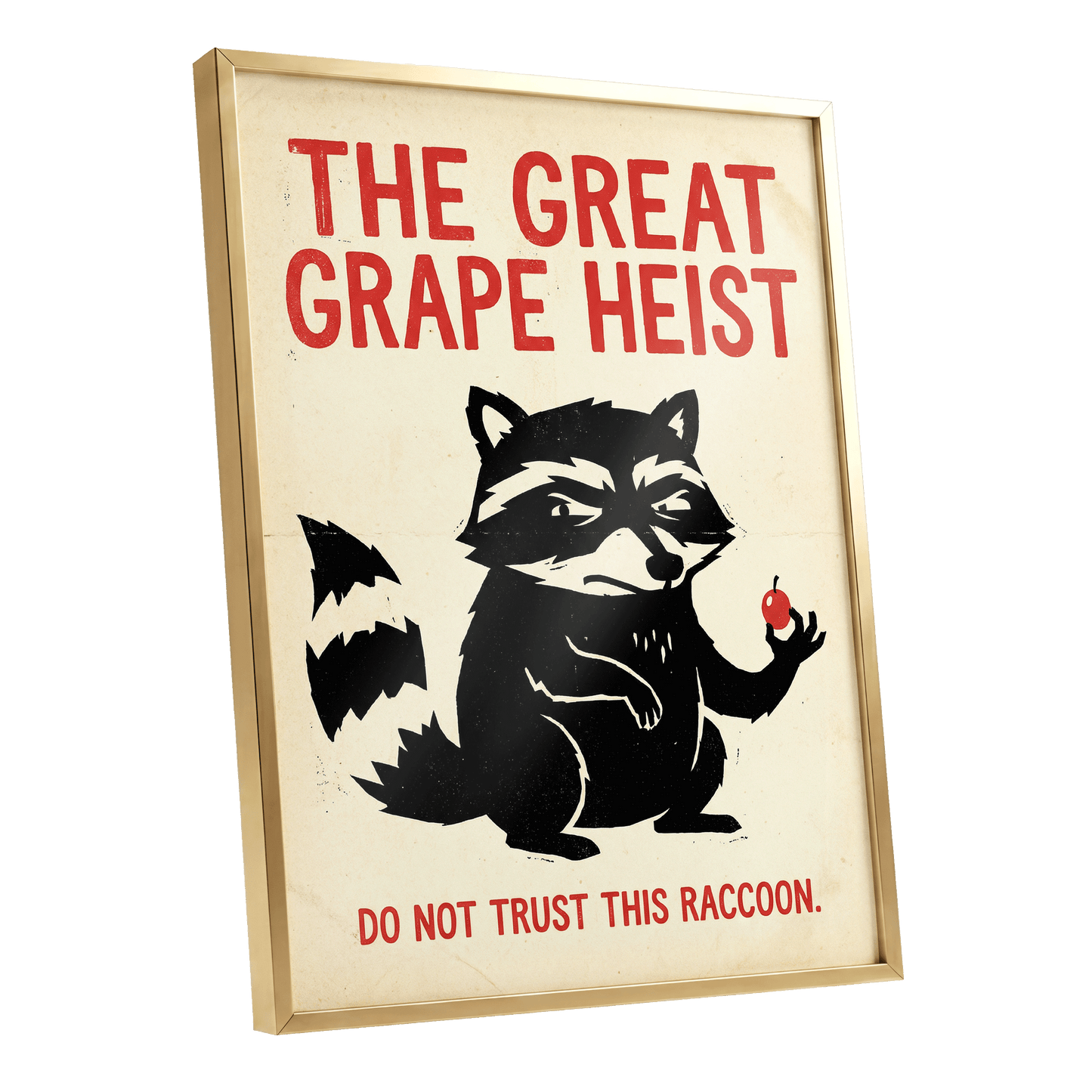 The Great Grape Heist, black, beige, red nature wall art shown as a gold framed poster wall art print