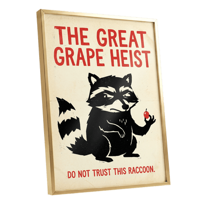 The Great Grape Heist, black, beige, red nature wall art shown as a gold framed poster wall art print