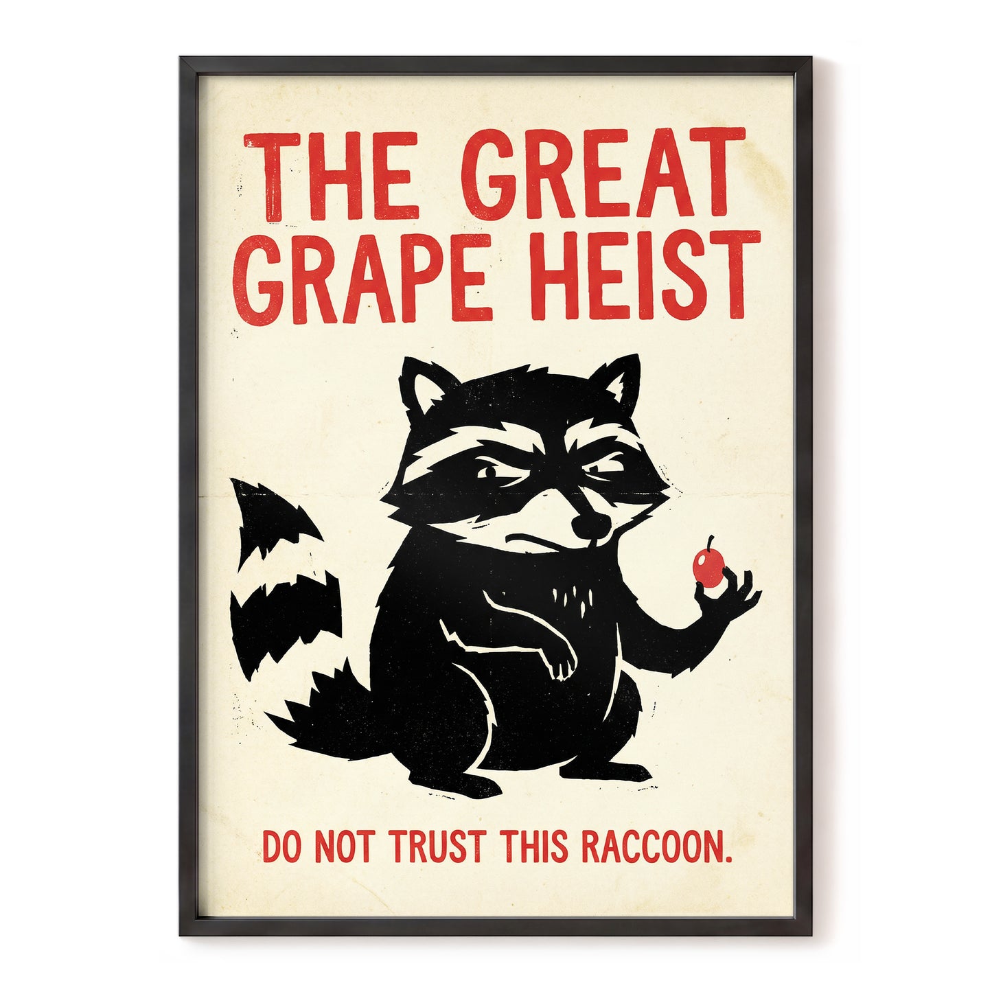 The Great Grape Heist, black, beige, red nature wall art, front artwork view