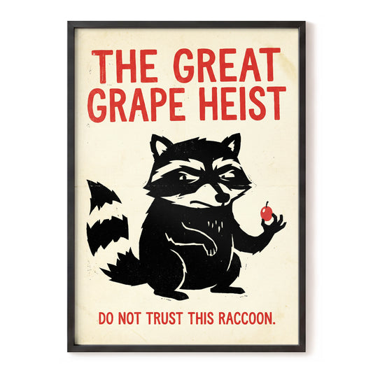 The Great Grape Heist, black, beige, red nature wall art, front artwork view