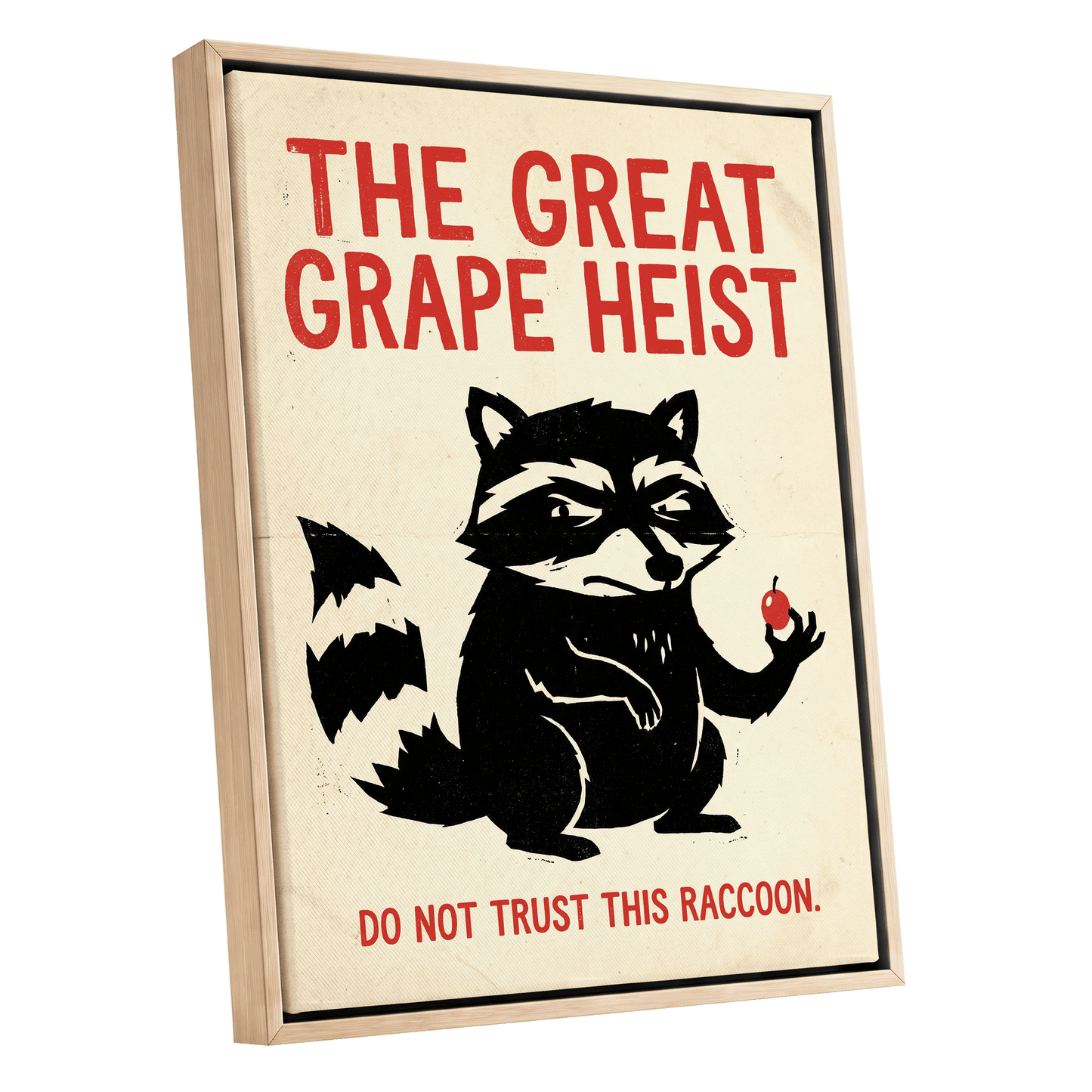The Great Grape Heist, black, beige, red nature wall art shown as a oak framed canvas wall art