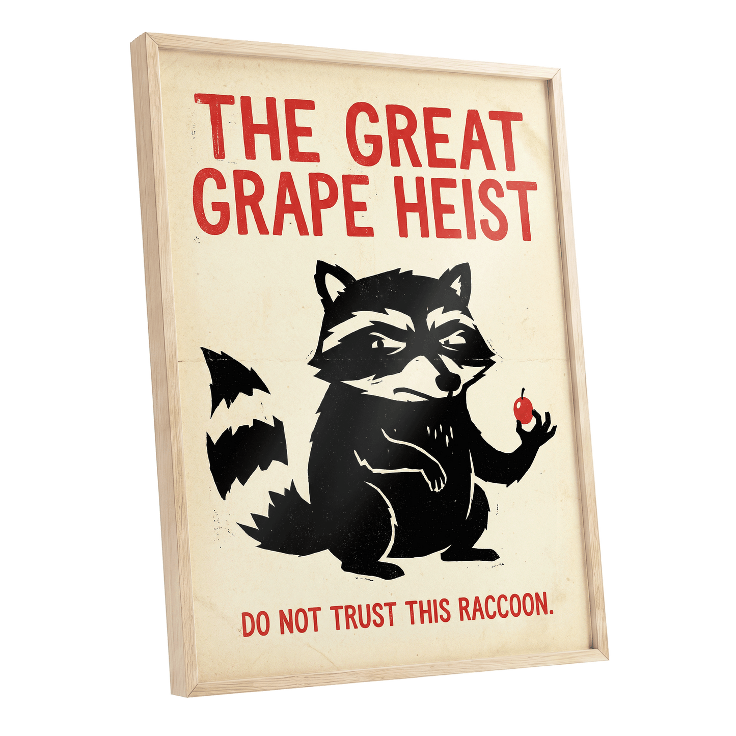 The Great Grape Heist, black, beige, red nature wall art shown as a oak framed poster wall art print