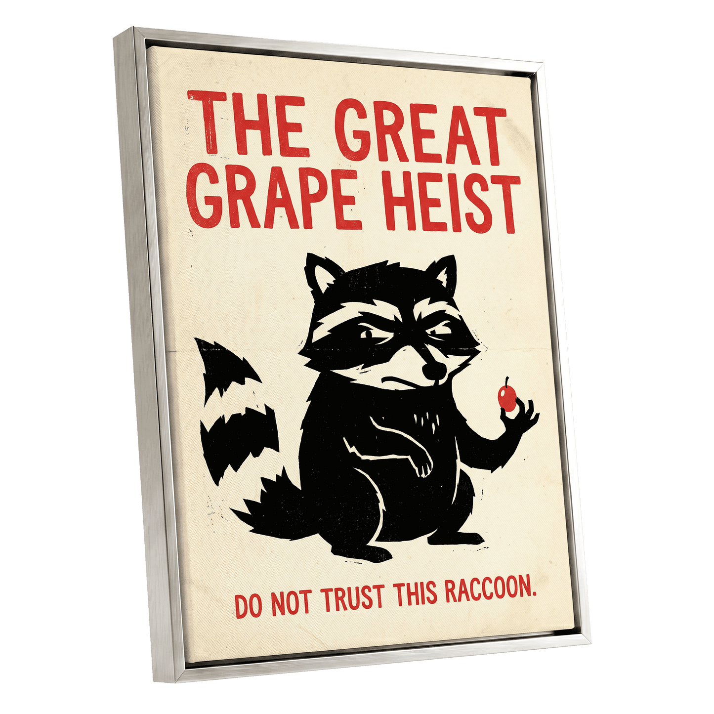 The Great Grape Heist, black, beige, red nature wall art shown as a silver framed canvas wall art