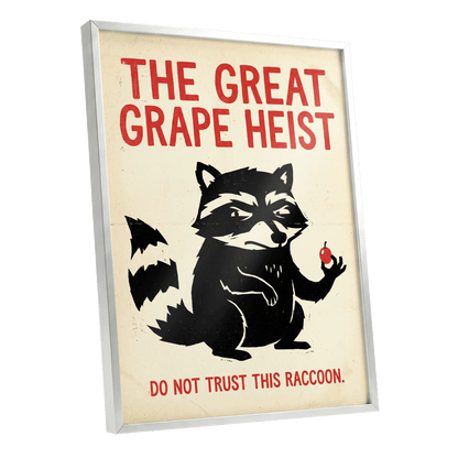 The Great Grape Heist, black, beige, red nature wall art shown as a silver framed poster wall art print
