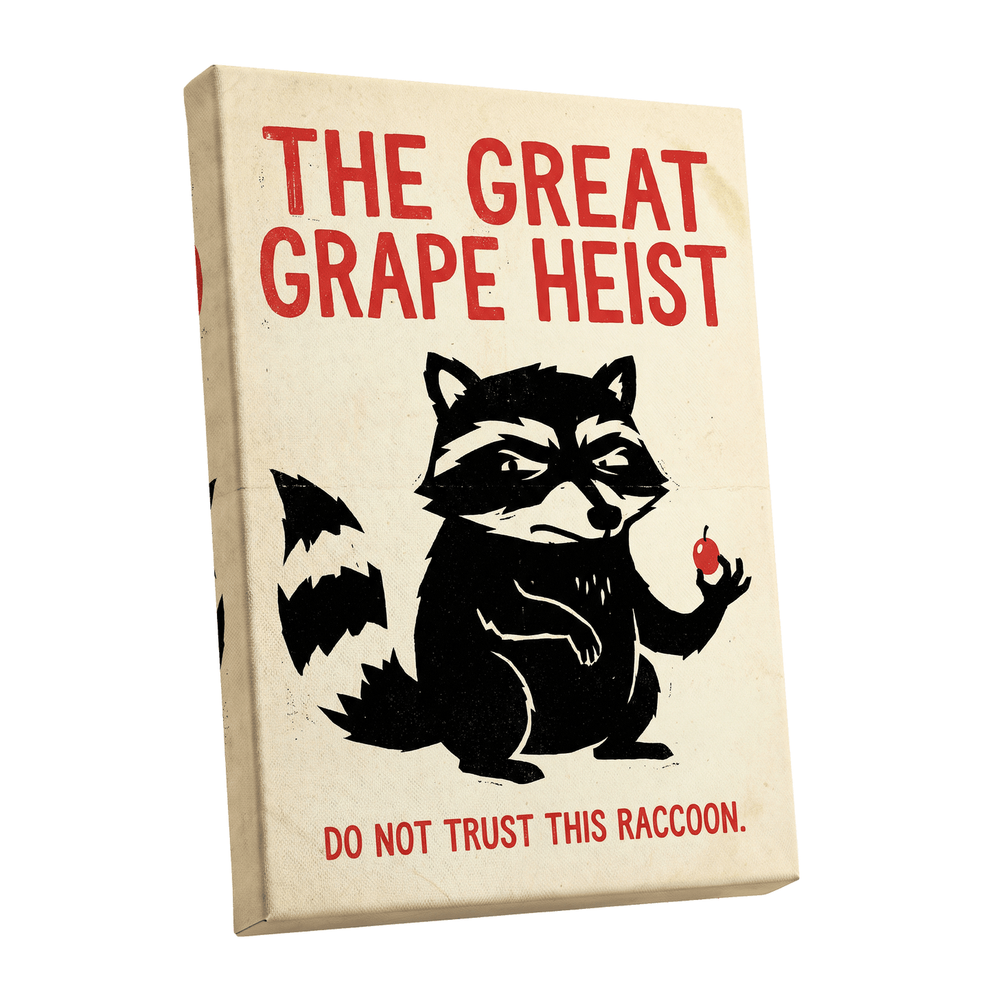 The Great Grape Heist, black, beige, red nature wall art shown as a stretched canvas wall art